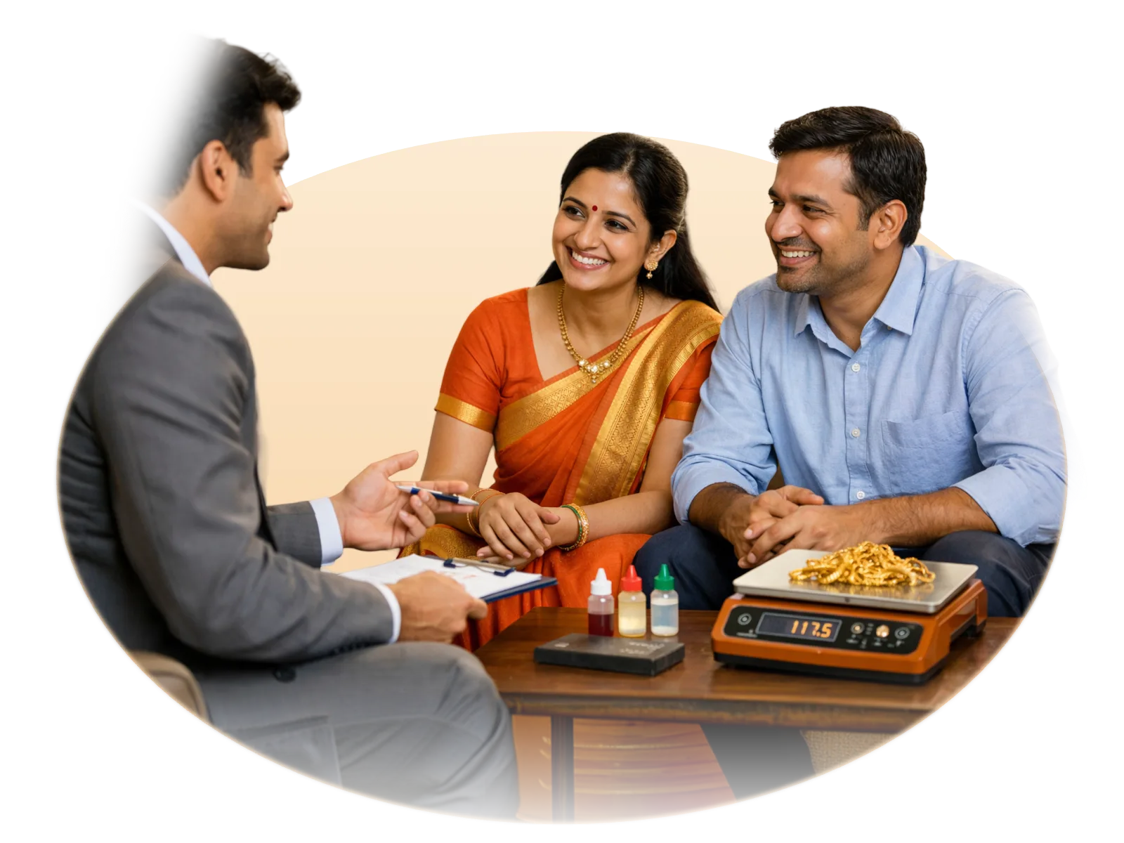 An indiagold advisor with a couple, weighing gold jewellery